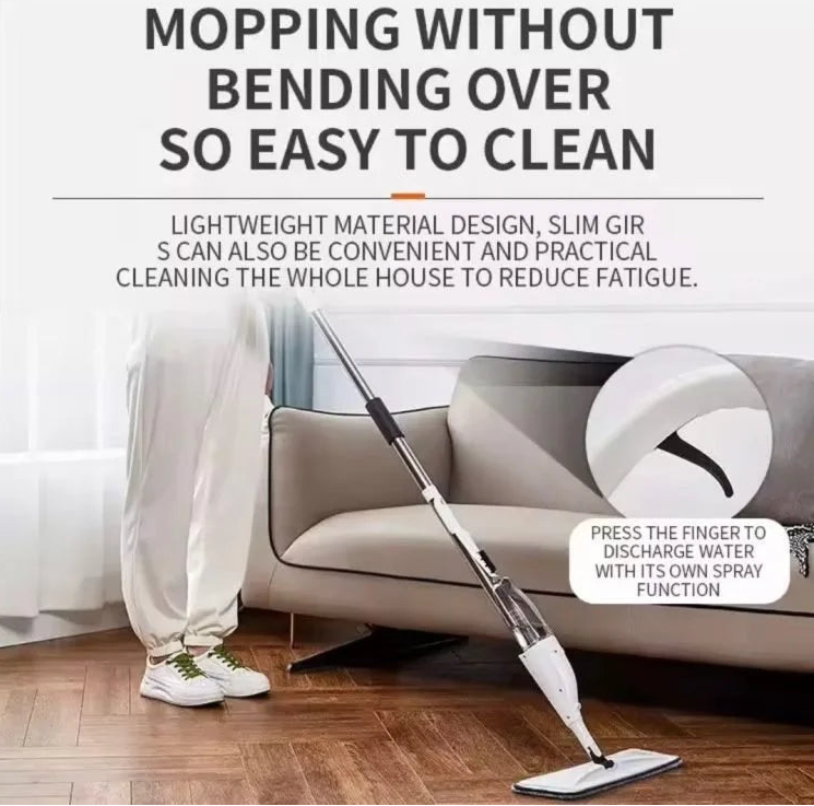 Person using a slim mop to clean a wooden floor with text highlighting ease of use and benefits.