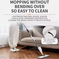 Person using a slim mop to clean a wooden floor with text highlighting ease of use and benefits.